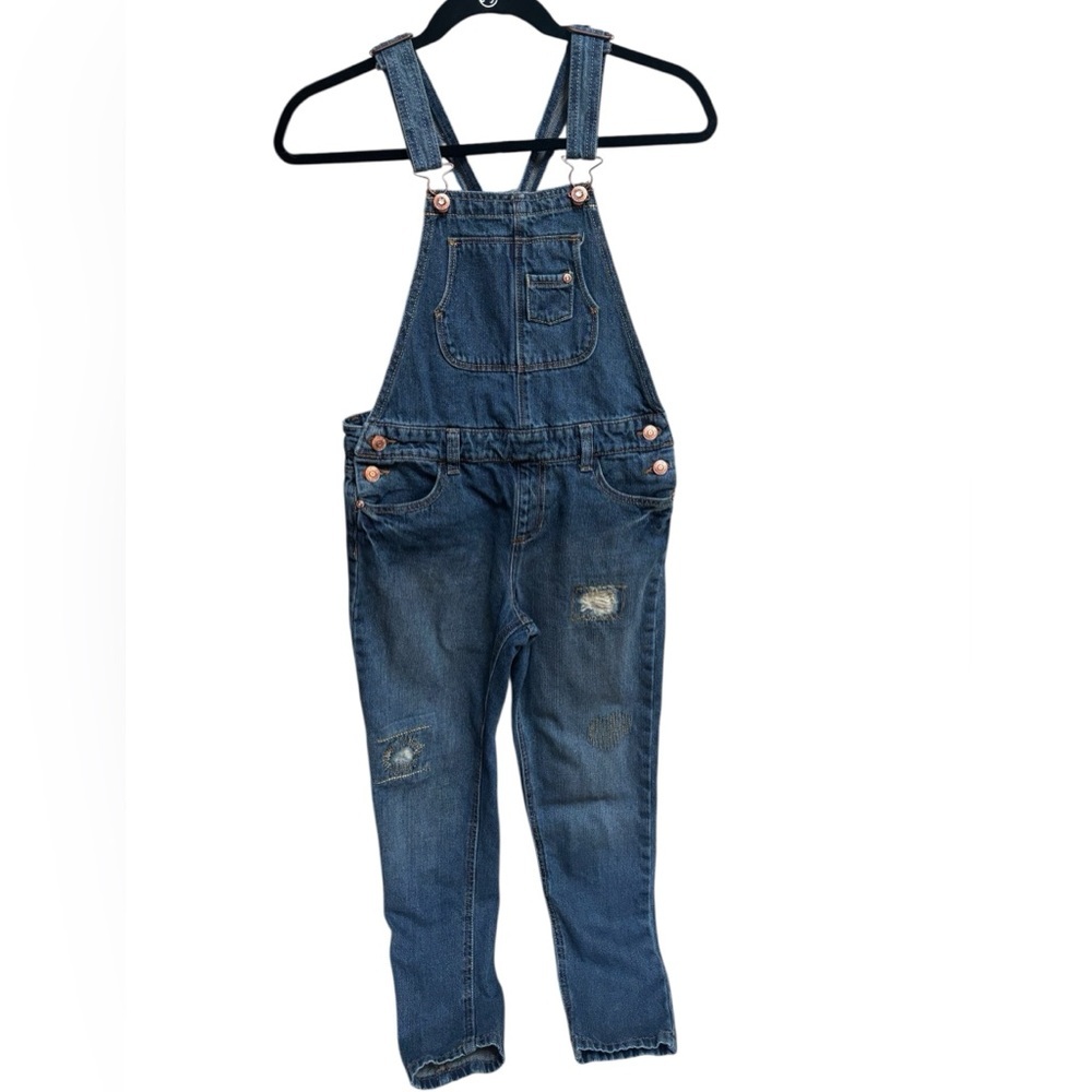 JORDACHE GIRLS BLUE DENIM BIB OVERALLS DISTRESSED DETAILS STRAIGHT LEG SZ 10/12